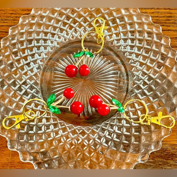 Set of 3 Three Handmade Cherry Bag Purse Phone Backpack Charms Zipper Pulls Key - Picture 1 of 11
